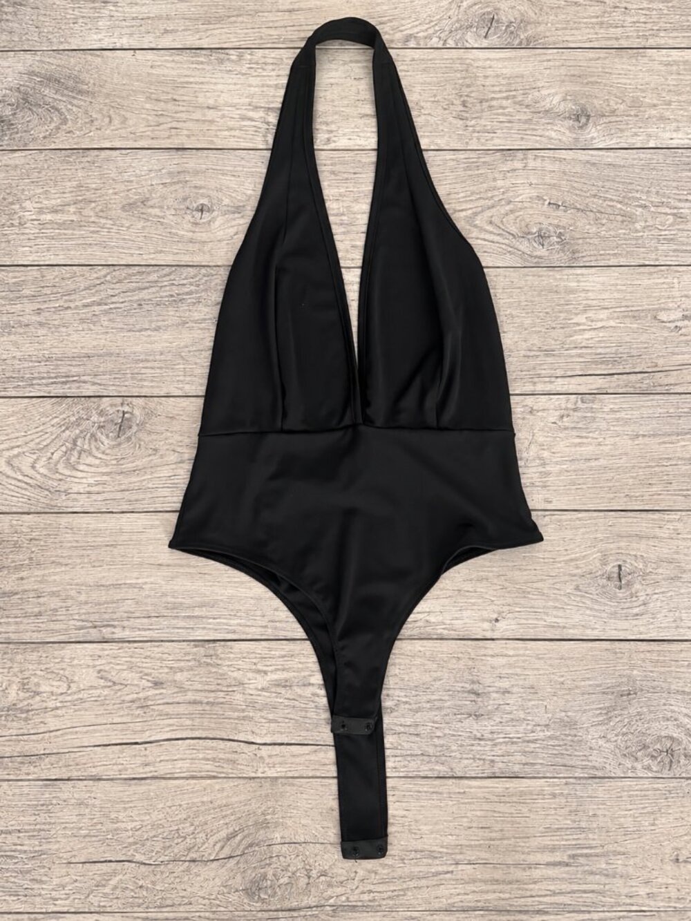 BOZZOLO Black Deep V Halter Bodysuit Thong Snap Closure Size Large